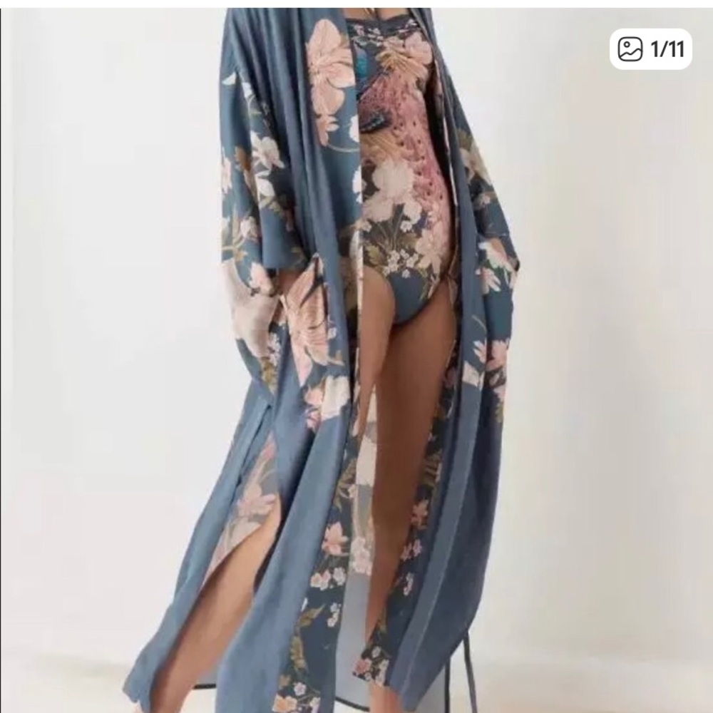 Bohemian Floral Peacock Blue Kimono Robe